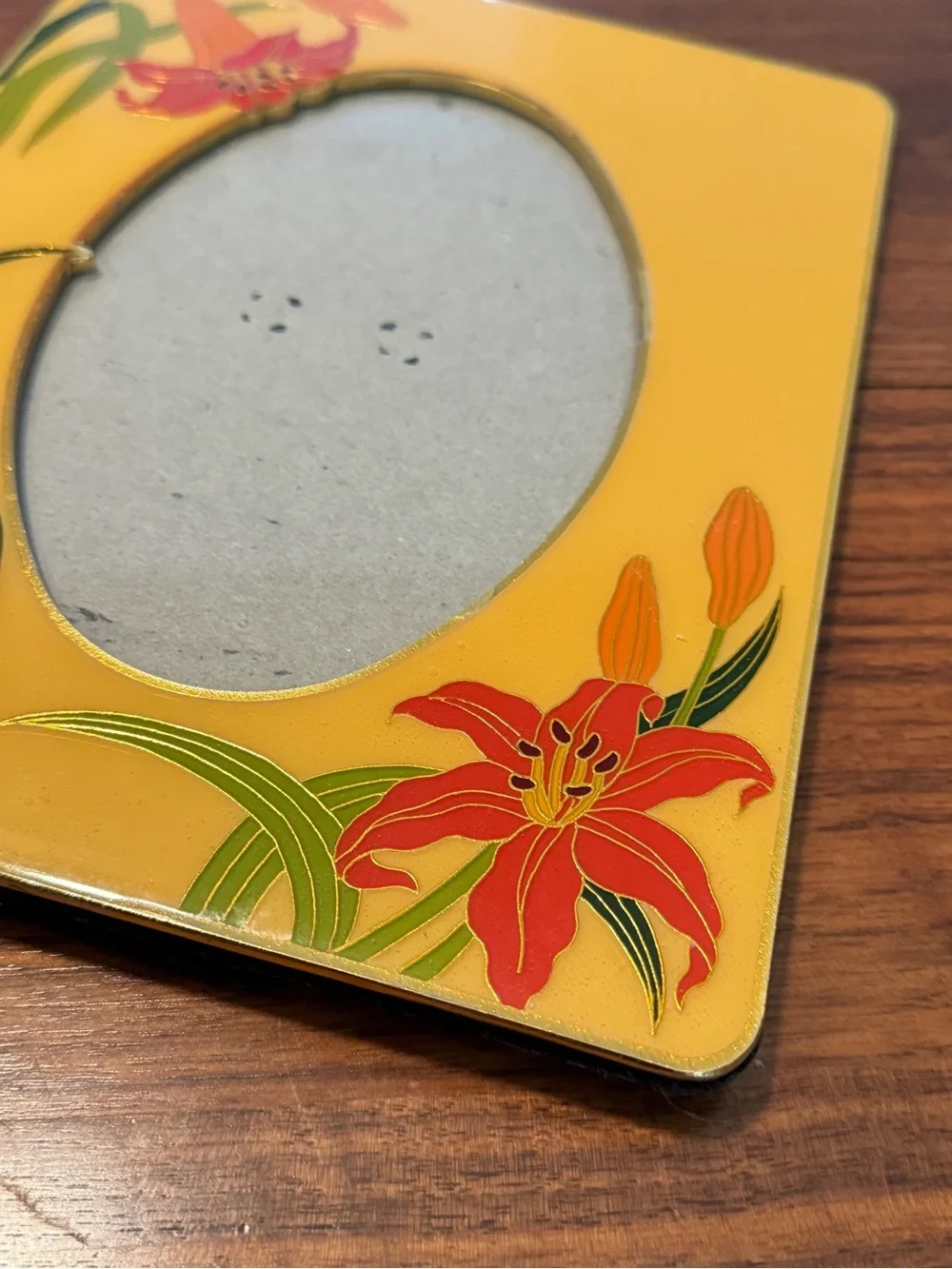 80S Cloisonne Enamel Lily Photo Picture Frame Yellow Orange Floral Flower